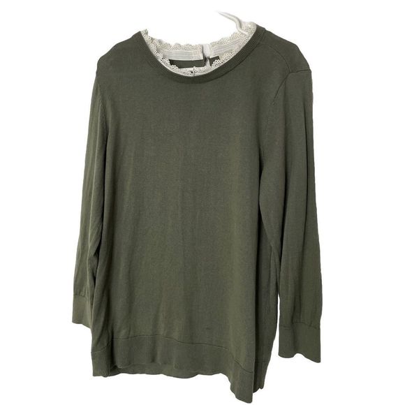 LOFT Sweaters - Loft Size XL Knit Top Sweater Lace Crochet Collar Green Long Sleeve Cotton